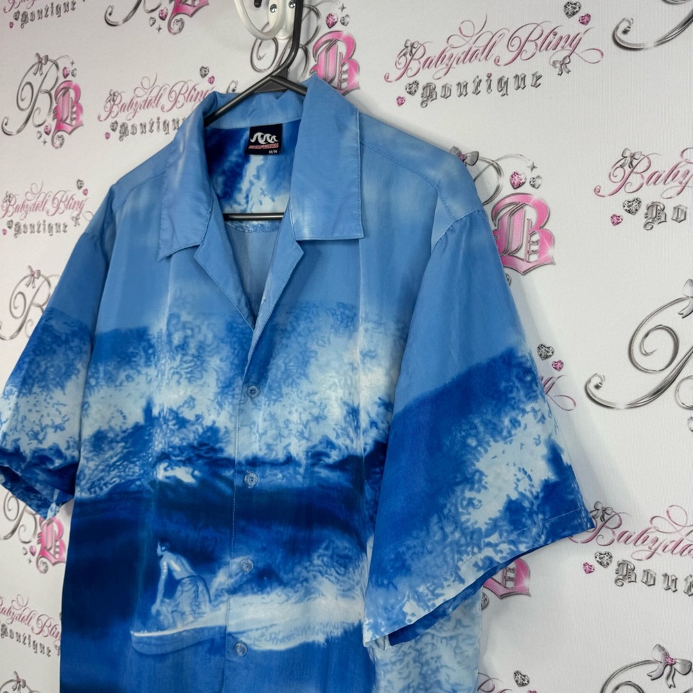 Surf guru button up Tshirt vintage surf πββοΈ scene Ocean Wave Print y2k Shirt - Picture 4 of 9
